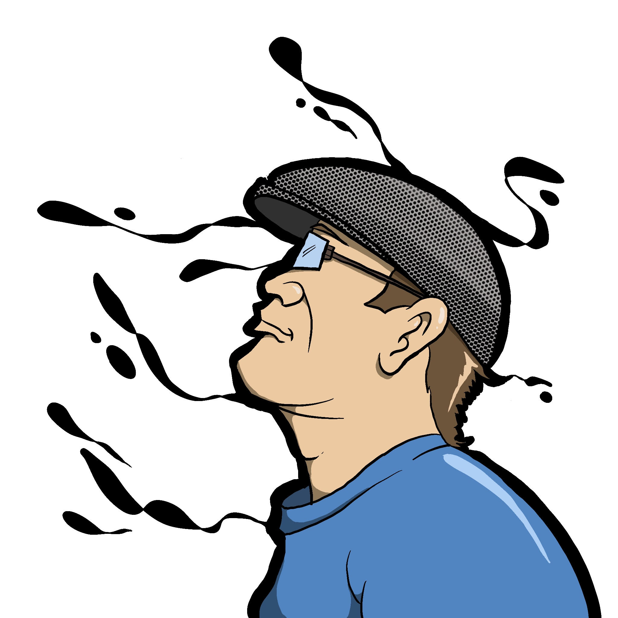 An illustrated character wearing a cap and glasses, gazing upwards with abstract ink-like splashes around their head.