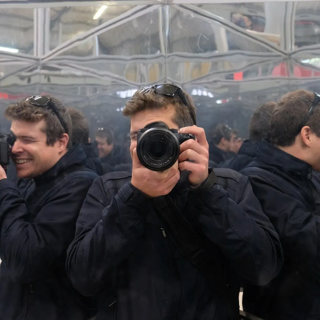 A person taking a selfie with a camera, reflected in a mirror, with multiple reflections creating a dynamic and vibrant effect.
